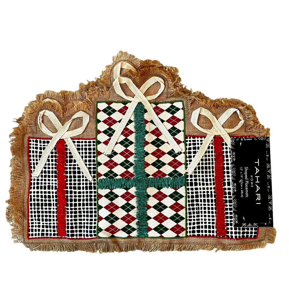 TAHARI Christmas Present Shaped Jute Placemats Set of 4 Holiday 13x19 New